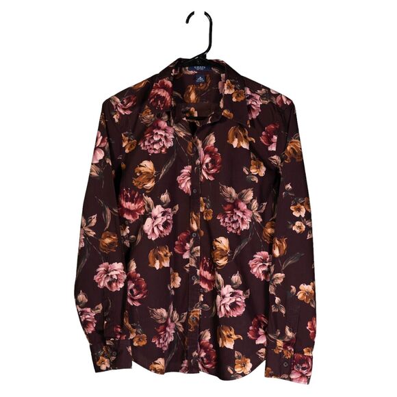 Chaps Ralph Lauren Women's Shirt Button Up Brown Pink Floral Blouse Top Size PXL - Picture 1 of 8